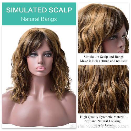 Hot Selling Heat Resistant Ombre Brown Black Blonde Pink Silky Curly Wig For Women Synthetic Short Water Wavy Wigs With Bangs